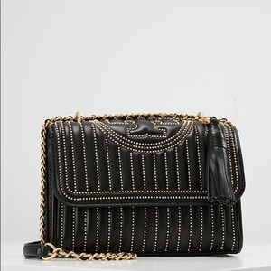 Tory Burch black Leather Fleming Mini Stud .